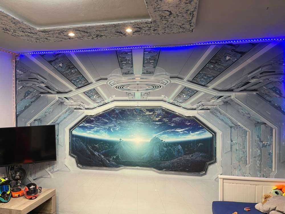 Vaisseau spatial avec vue sur une planète