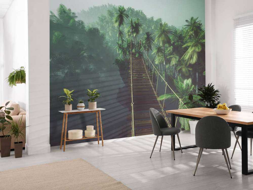Pont de cordes dans le brouillard