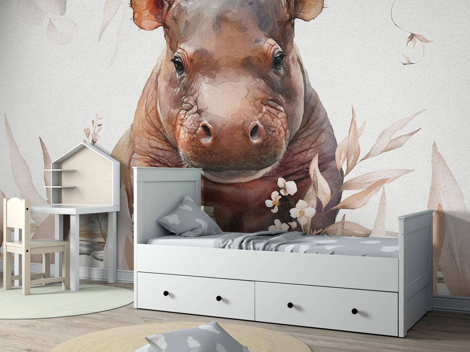 Bébé hippopotame dans les feuilles taupe