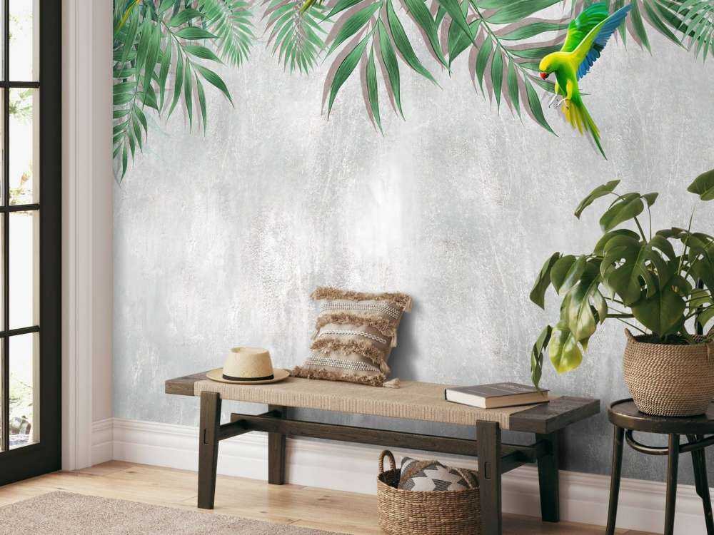Feuilles tropicales et perruches