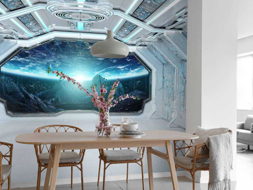 Vaisseau spatial avec vue sur une planète