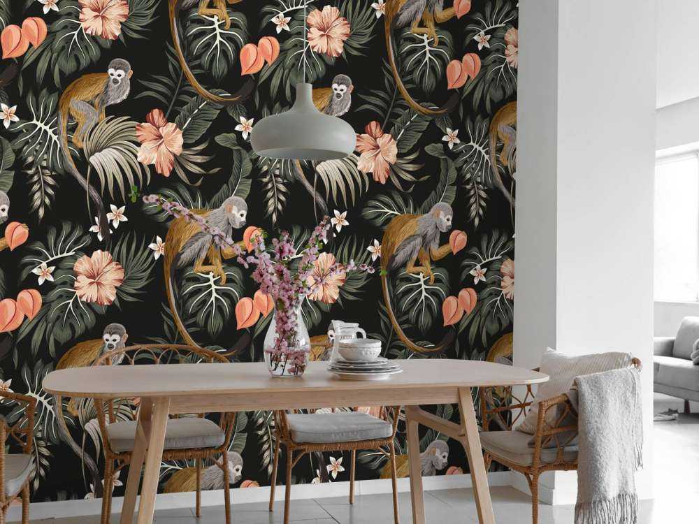 Feuilles tropicales avec des singes