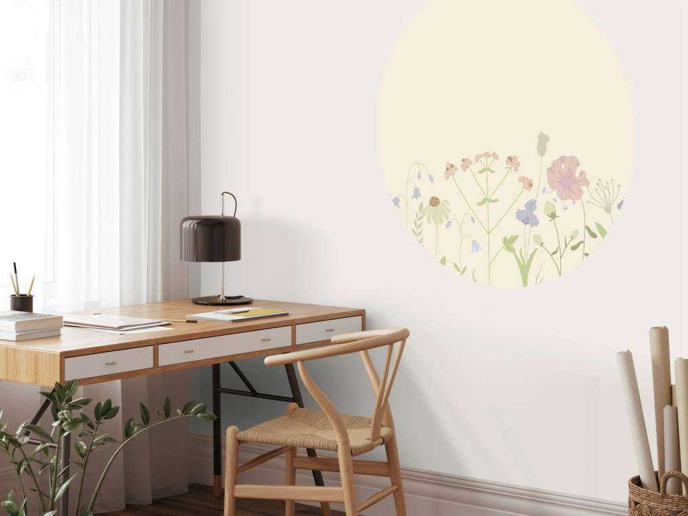 Champ de fleurs beige, vieux rose, vert et lilas