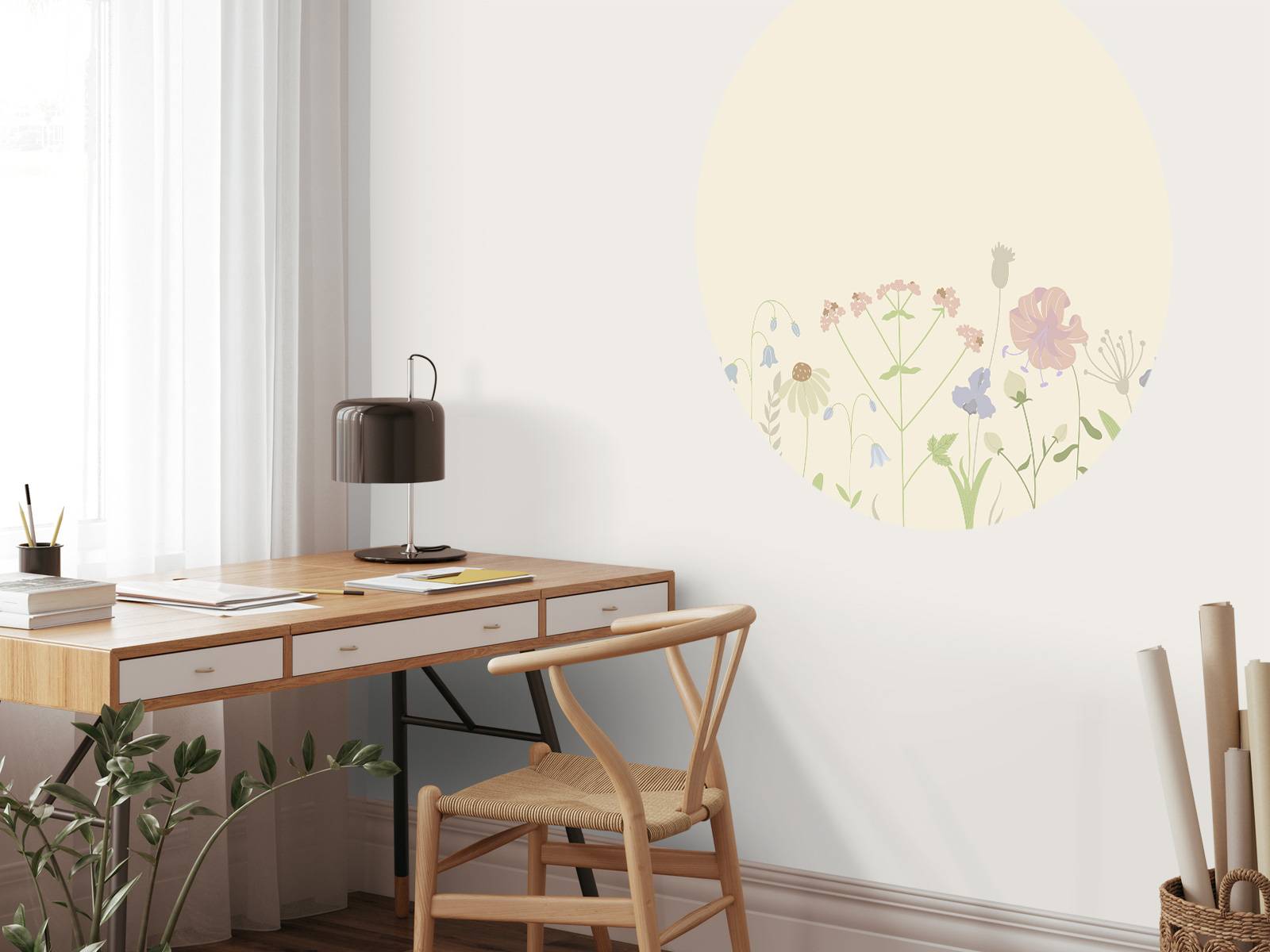 Champ de fleurs beige, vieux rose, vert et lilas