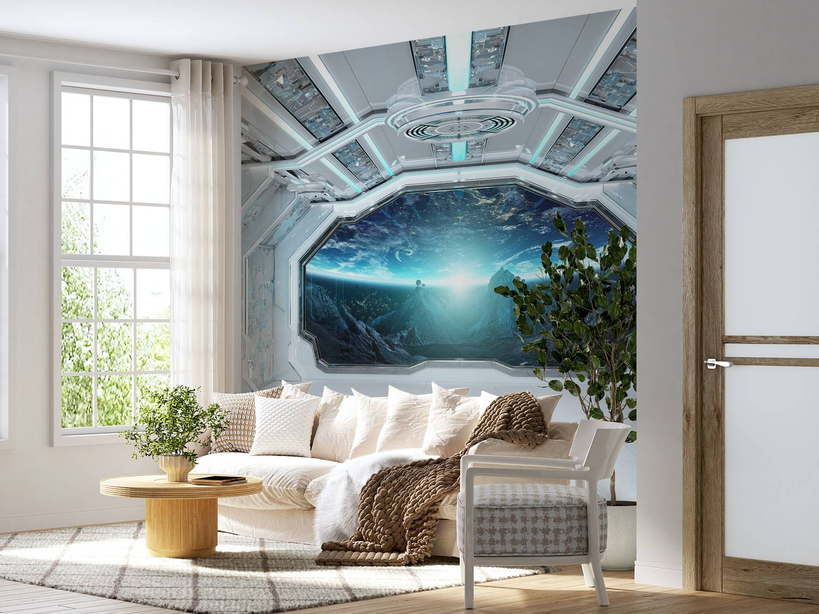 Vaisseau spatial avec vue sur une planète