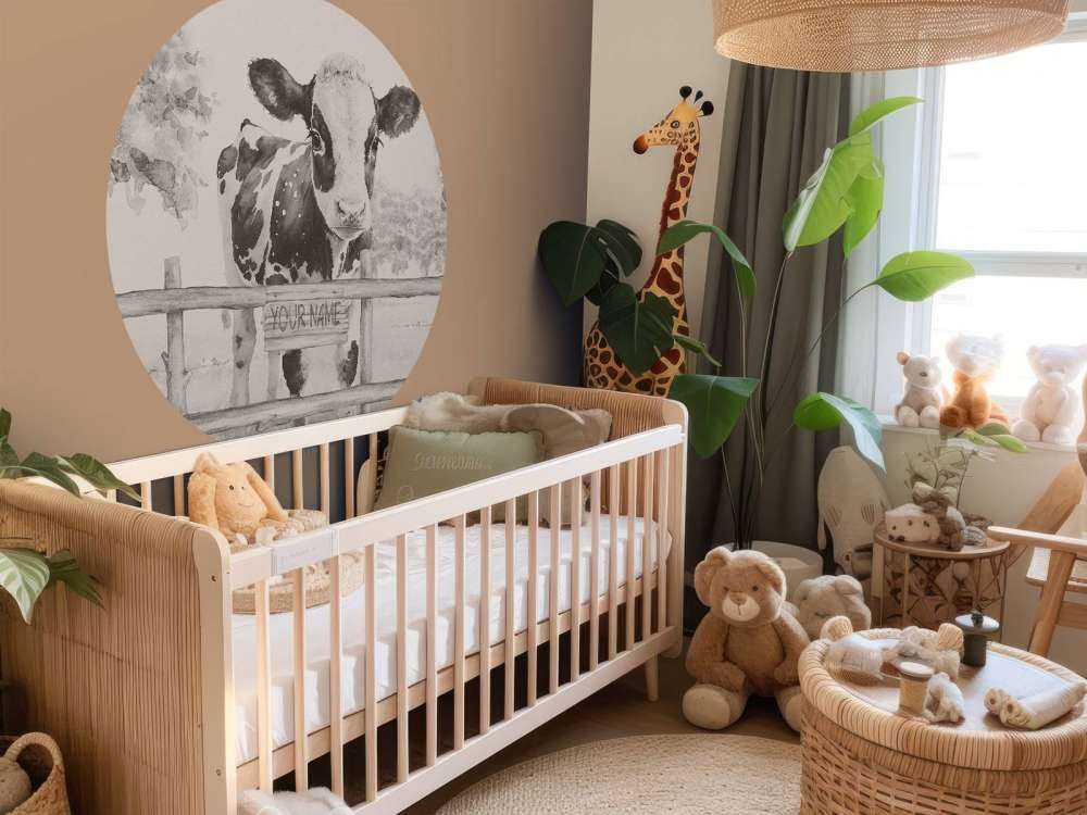 Bébé vache dans un pré beige