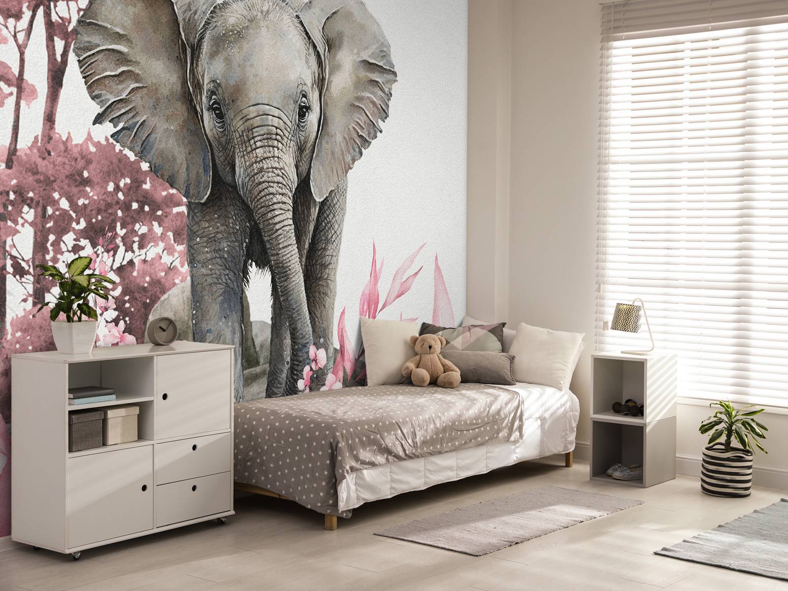 Bébé éléphant dans la jungle rose
