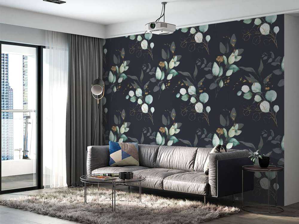 Motif Feuilles bleu foncé avec or