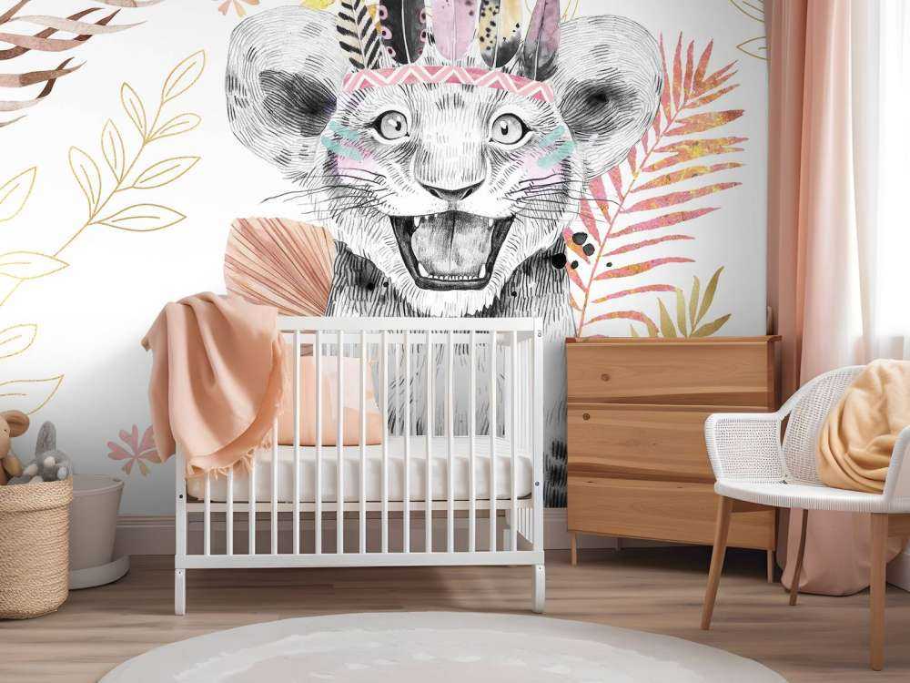 Bébé lionne feuillage rose corail et or