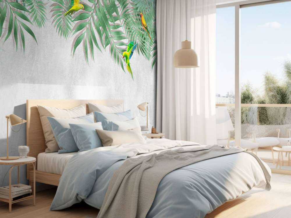 Feuilles tropicales et perruches
