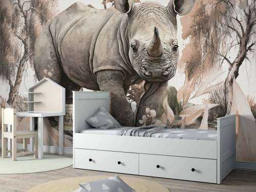 Bébé rhino dans la savane taupe