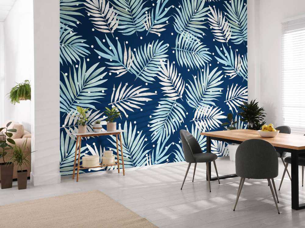 Motif de feuilles tropicales bleu canard