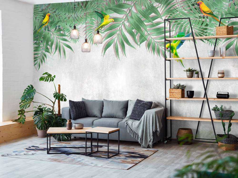 Feuilles tropicales et perruches