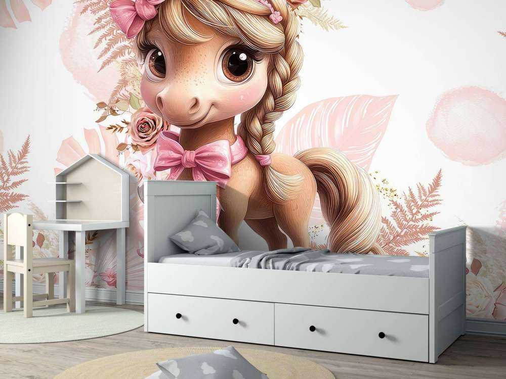 Poney élégant avec un nœud rose