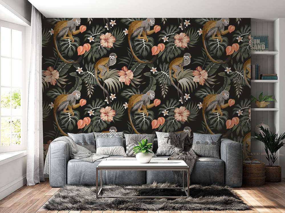 Feuilles tropicales avec des singes