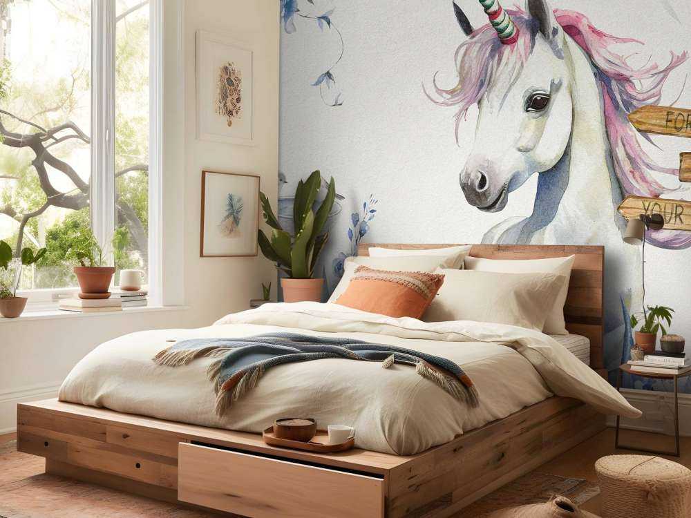 Bébé licorne aux plantes bleu