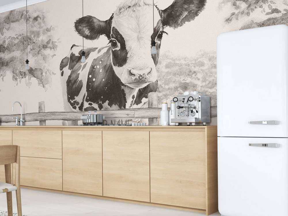 Bébé vache dans un pré beige