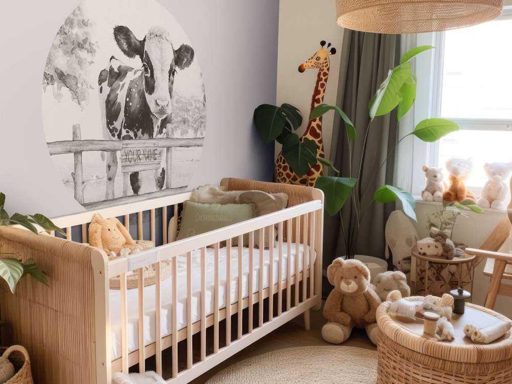 Bébé vache dans un pré beige