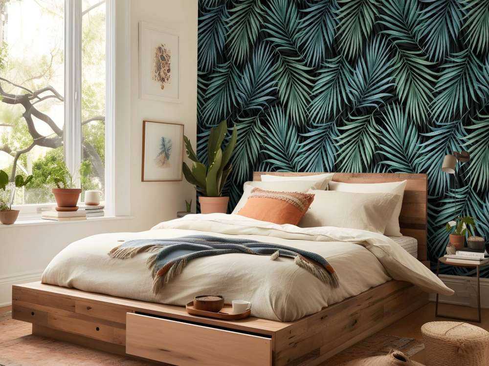 Feuilles bleu canard à motifs tropicaux