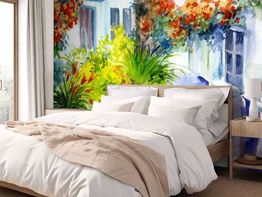 Fleurs et bâtiments en aquarelle