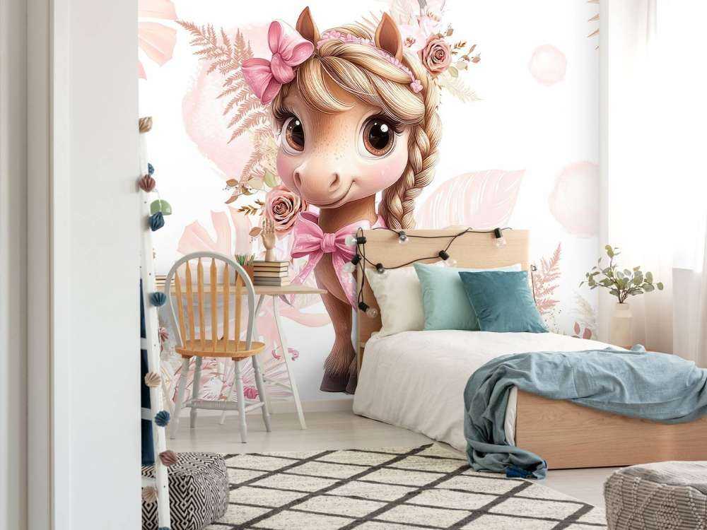 Poney élégant avec un nœud rose