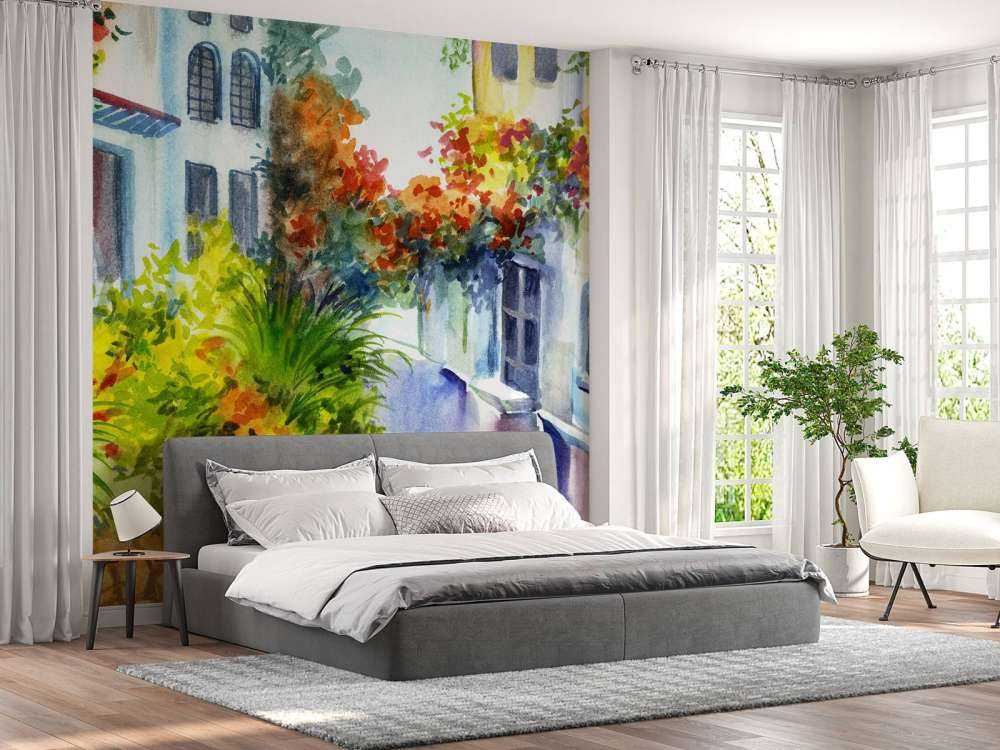 Fleurs et bâtiments en aquarelle
