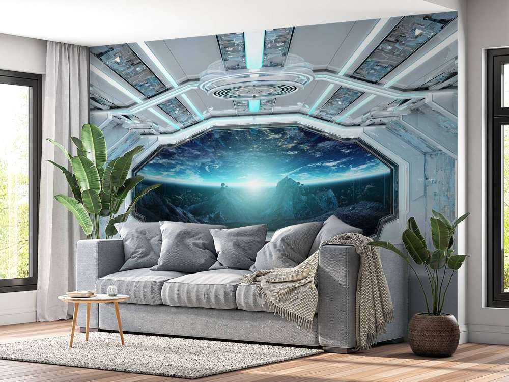 Vaisseau spatial avec vue sur une planète
