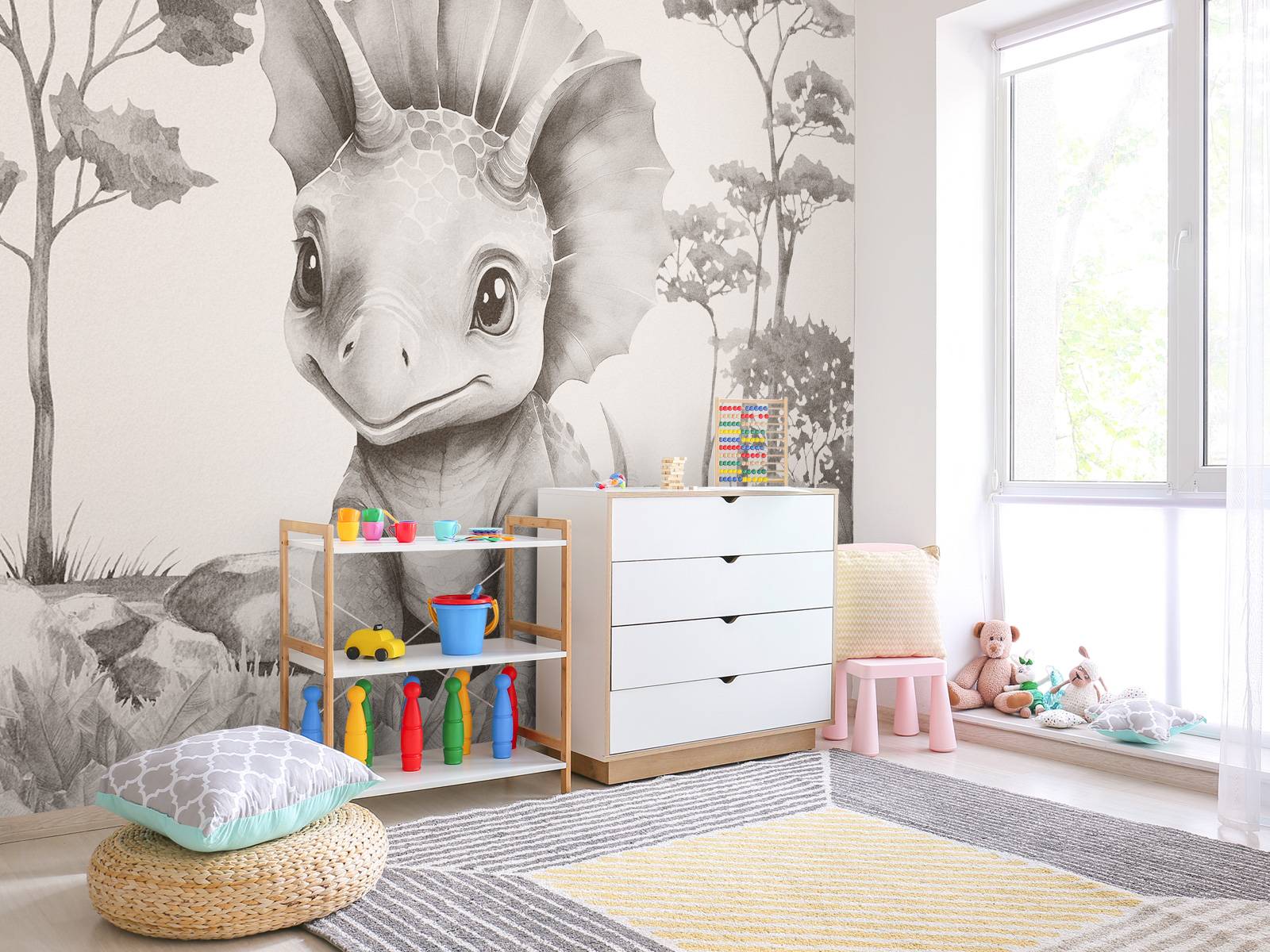 Bébé tricératops dans la jungle beige
