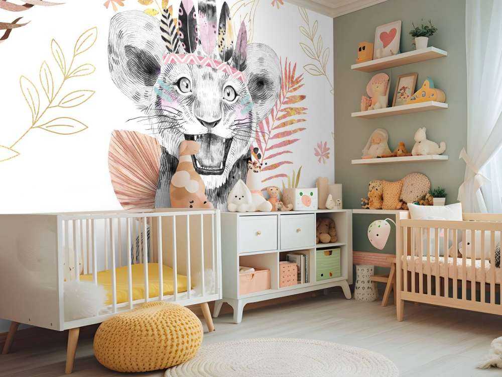Bébé lionne feuillage rose corail et or