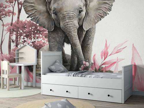 Bébé éléphant dans la jungle rose