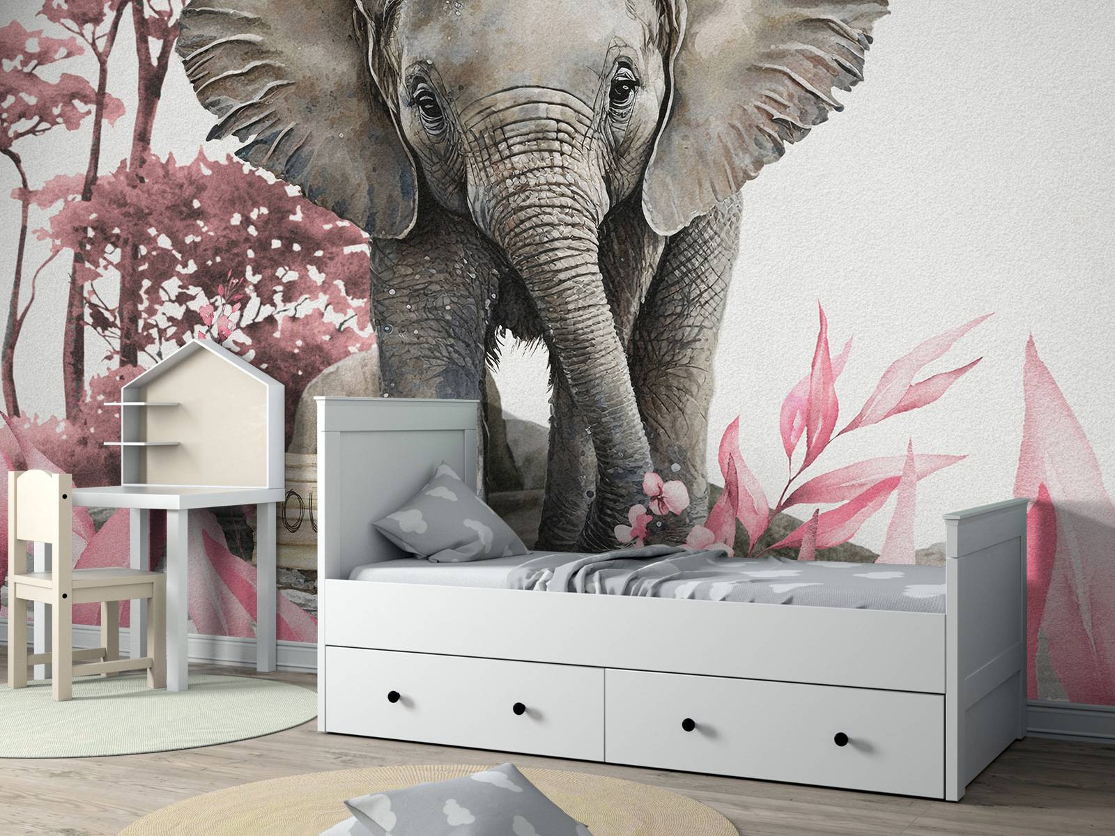 Bébé éléphant dans la jungle rose