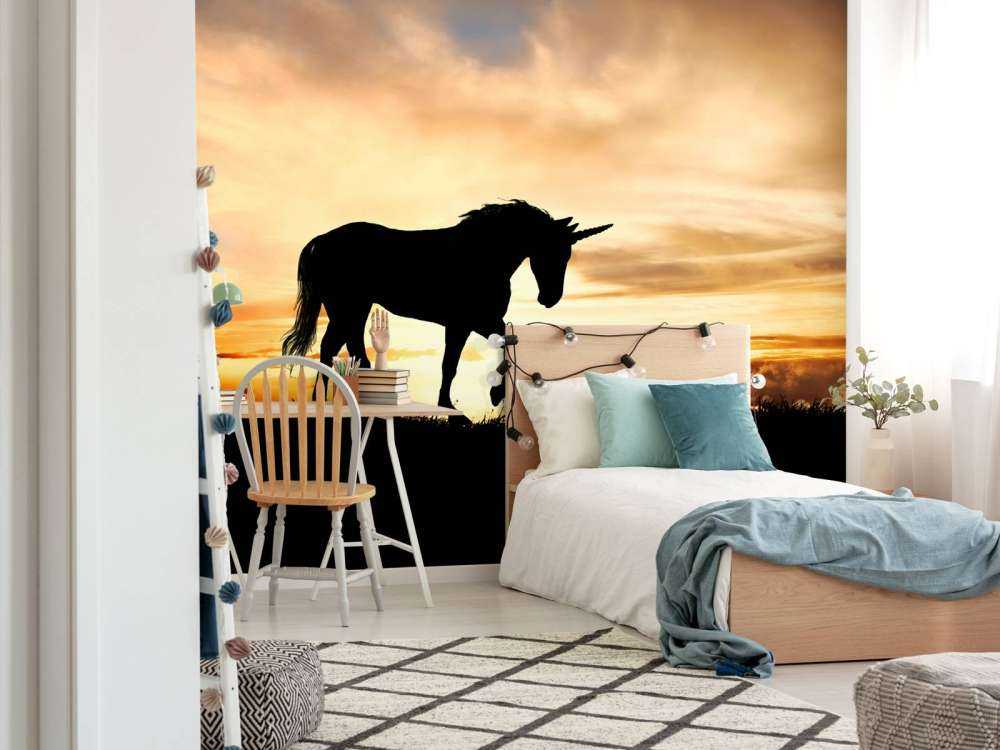 Silhouette de licorne au coucher du soleil