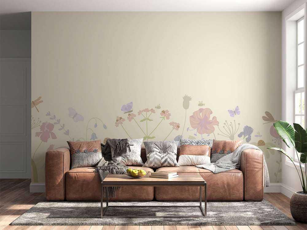 Champ de fleurs avec papillons beige, vieux rose, vert et lilas