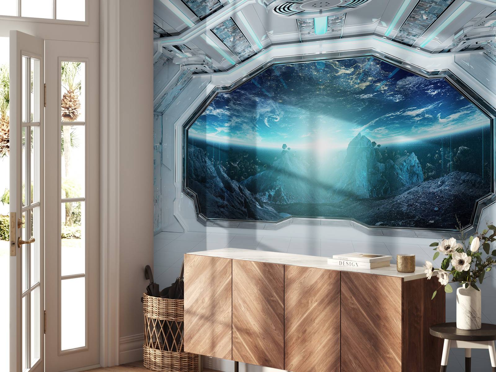 Vaisseau spatial avec vue sur une planète