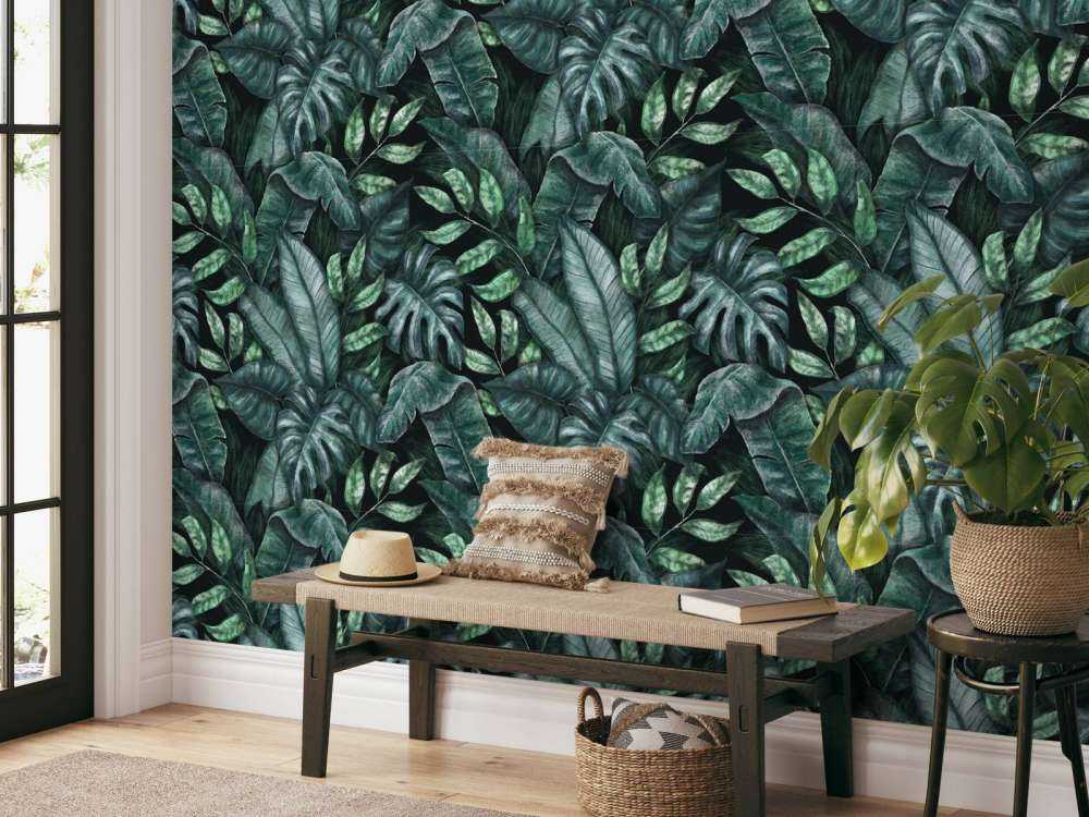 Motif botanique avec feuilles de palmier bleu canard