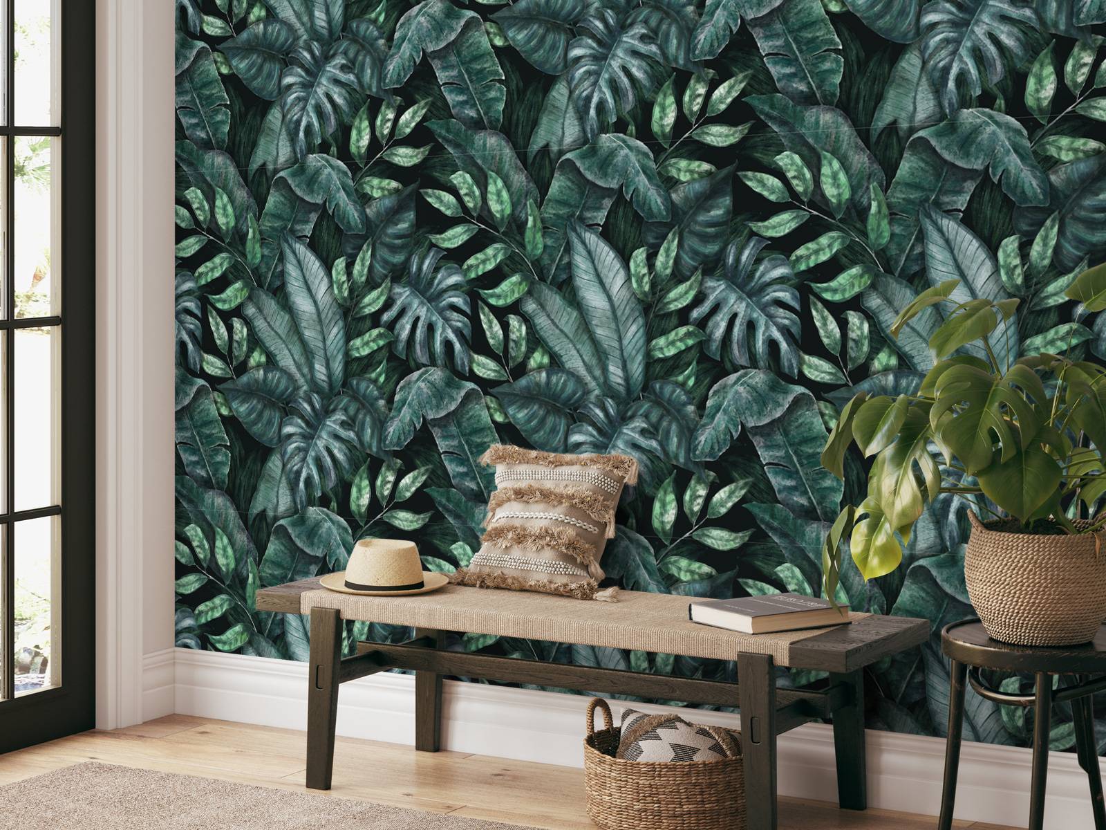 Motif botanique avec feuilles de palmier bleu canard