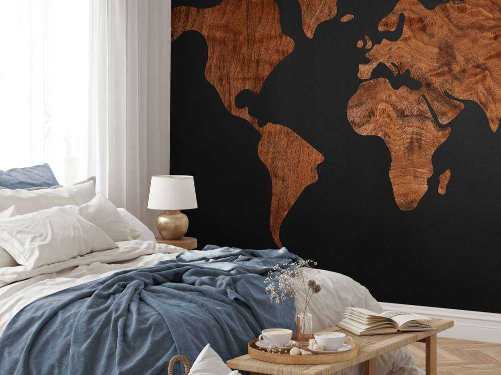 Carte du monde avec placage en bois