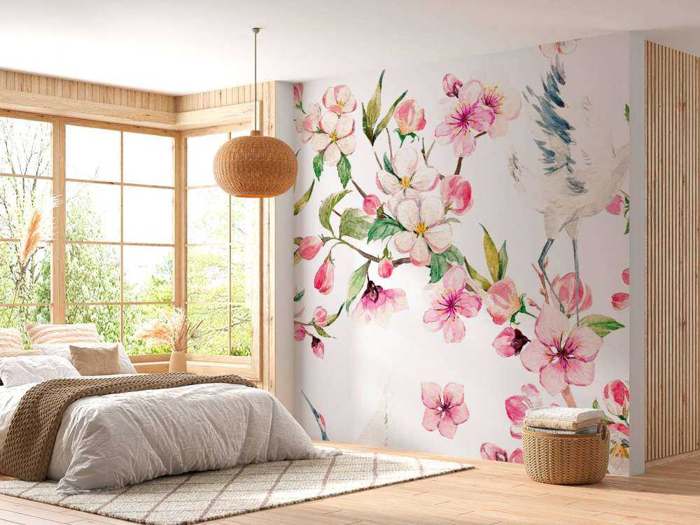 Peinture de grues avec fleurs