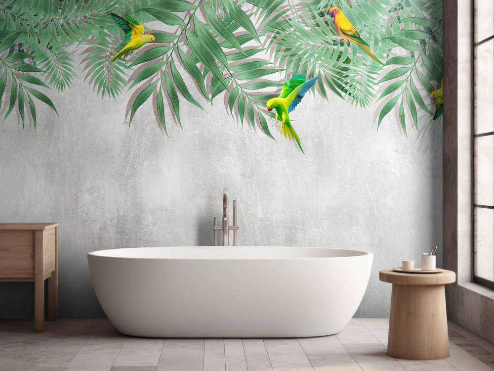 Feuilles tropicales et perruches
