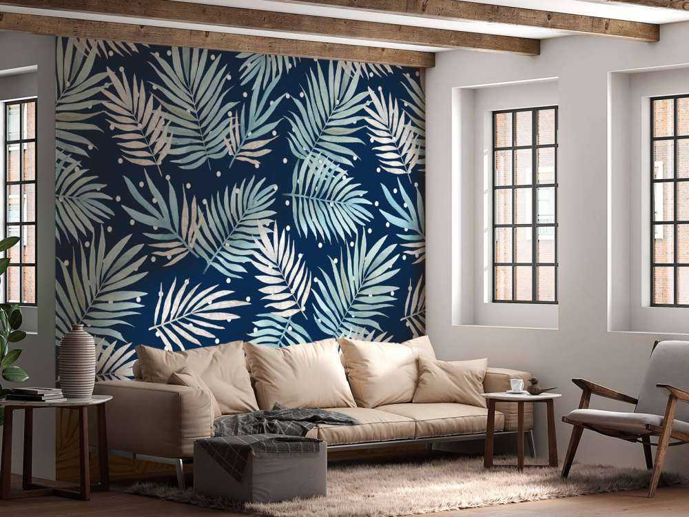 Motif de feuilles tropicales bleu canard
