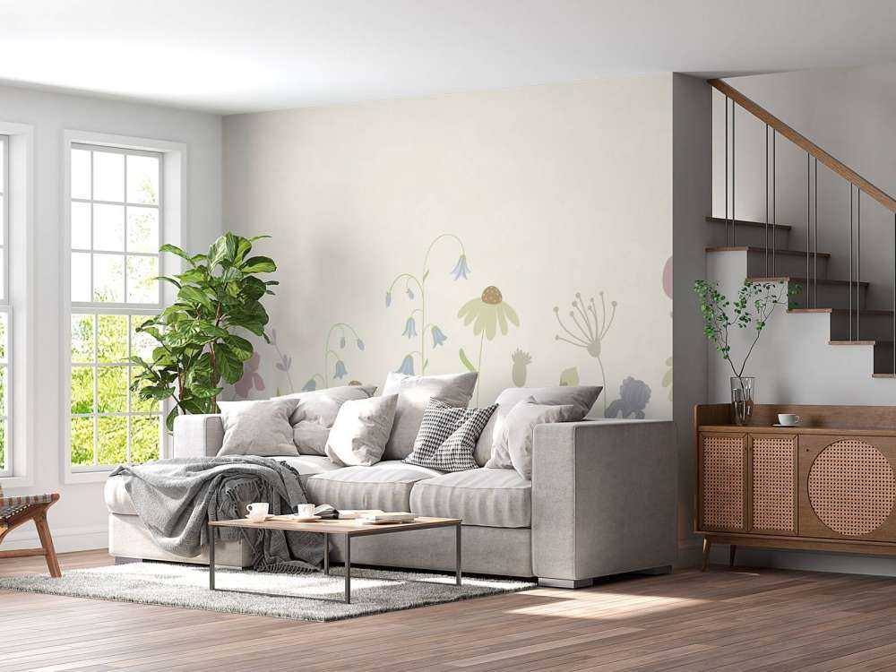 Champ de fleurs en hauteur beige, vieux rose, vert et lilas