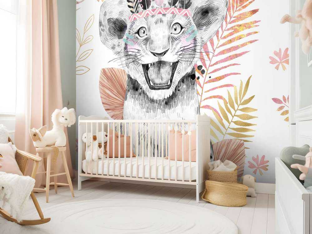 Bébé lionne feuillage rose corail et or