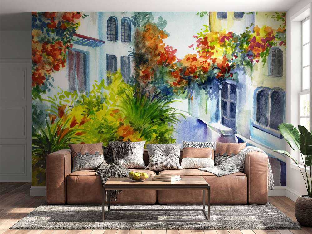Fleurs et bâtiments en aquarelle