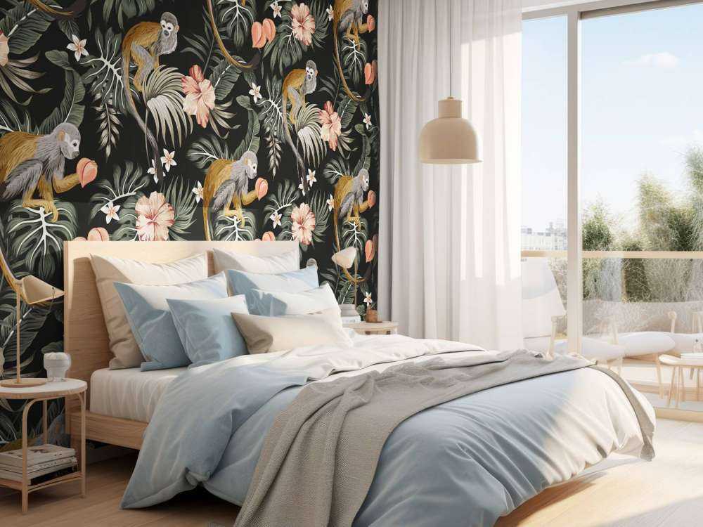 Feuilles tropicales avec des singes