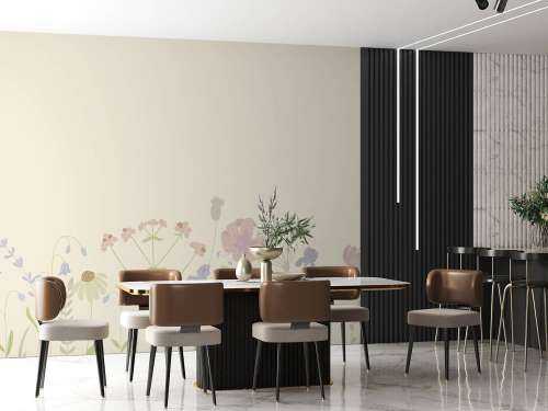 Champ de fleurs beige, vieux rose, vert et lilas