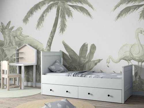 Singes et flamants roses en vert d'eau