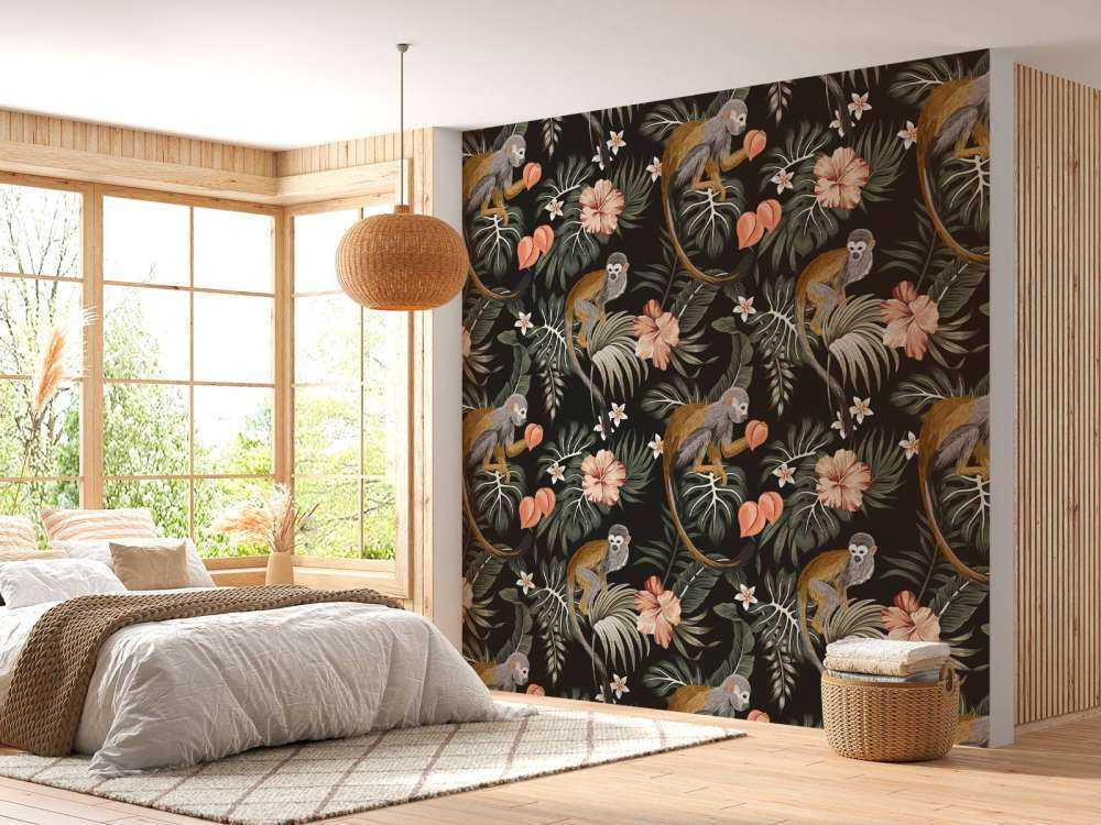 Feuilles tropicales avec des singes