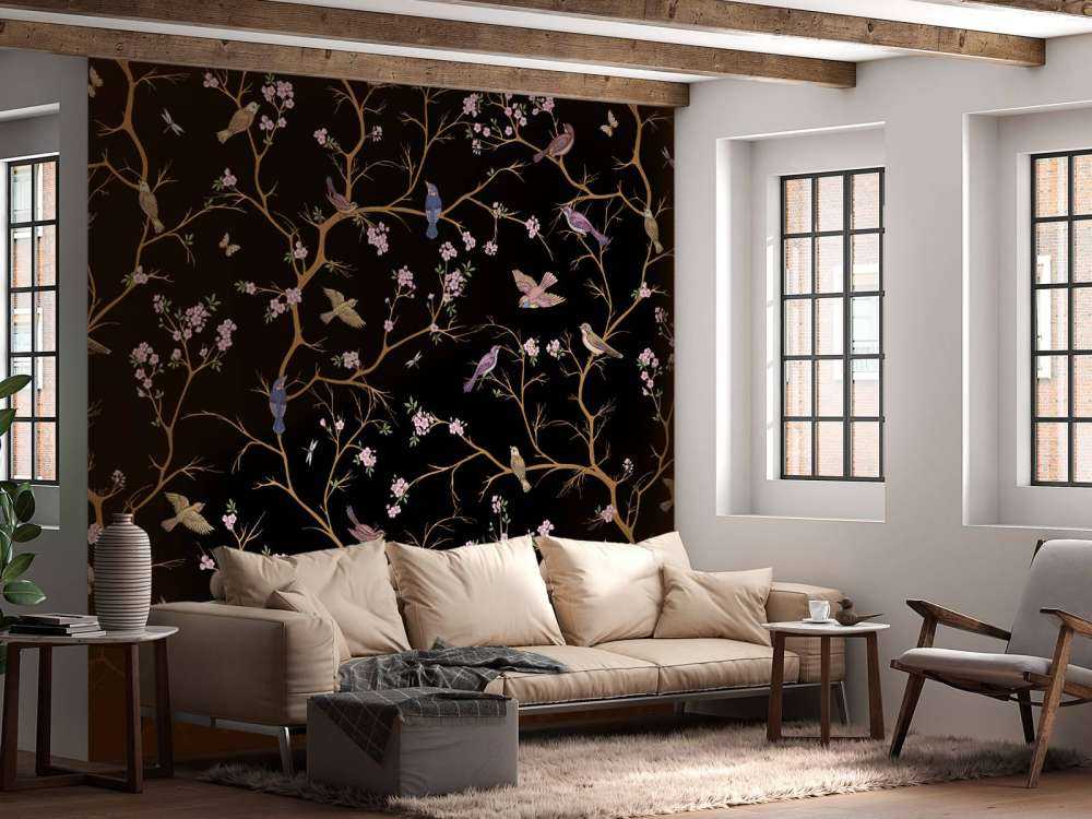 Branches fleuries avec oiseaux