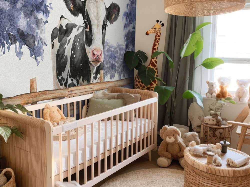 Jeune vache dans un pré bleu