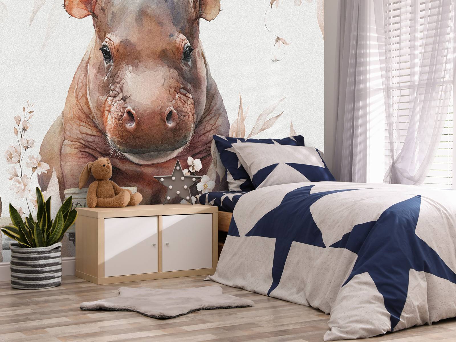 Bébé hippopotame dans les feuilles taupe
